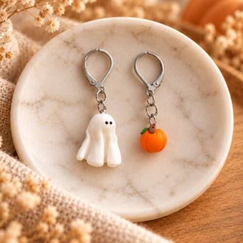 Süße Halloween Ohrringe mit einem Geist und Kürbis auf einer Marmorplatte
